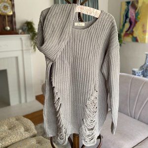 Elan Distressed Ripped Grey Knit Sweater
